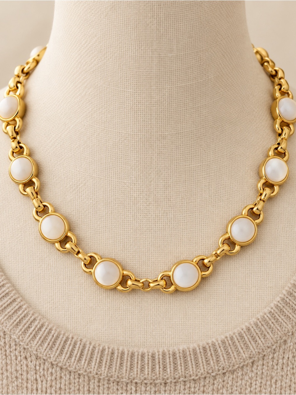 Vintage Monet Gold Tone White Faux Pearl Cabochon Link Choker Necklace